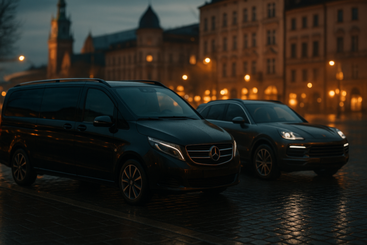 Czarne auto premium i SUV w Krakowie o zmierzchu, gotowe na transfer VIP i lotnisko Balice