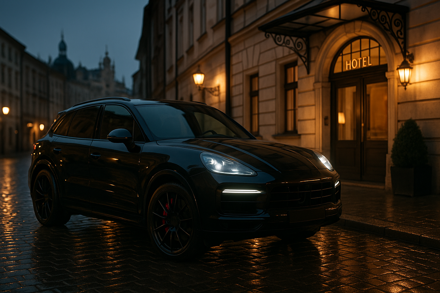 Czarne premium SUV inspirowane Porsche Cayenne GTS w Krakowie podczas wieczornego transferu VIP