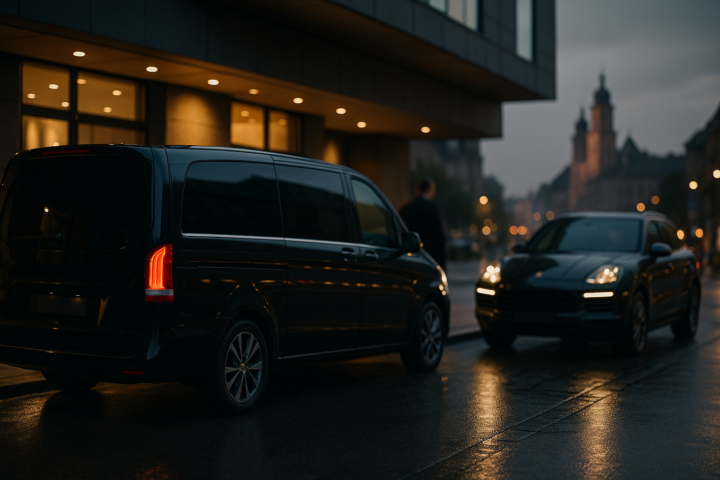 Dyskretny transport VIP w Krakowie: czarny van i SUV premium przy hotelu