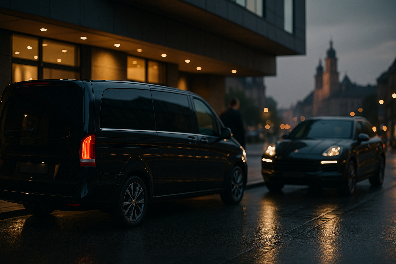 Dyskretny transport VIP w Krakowie: czarny van i SUV premium przy hotelu