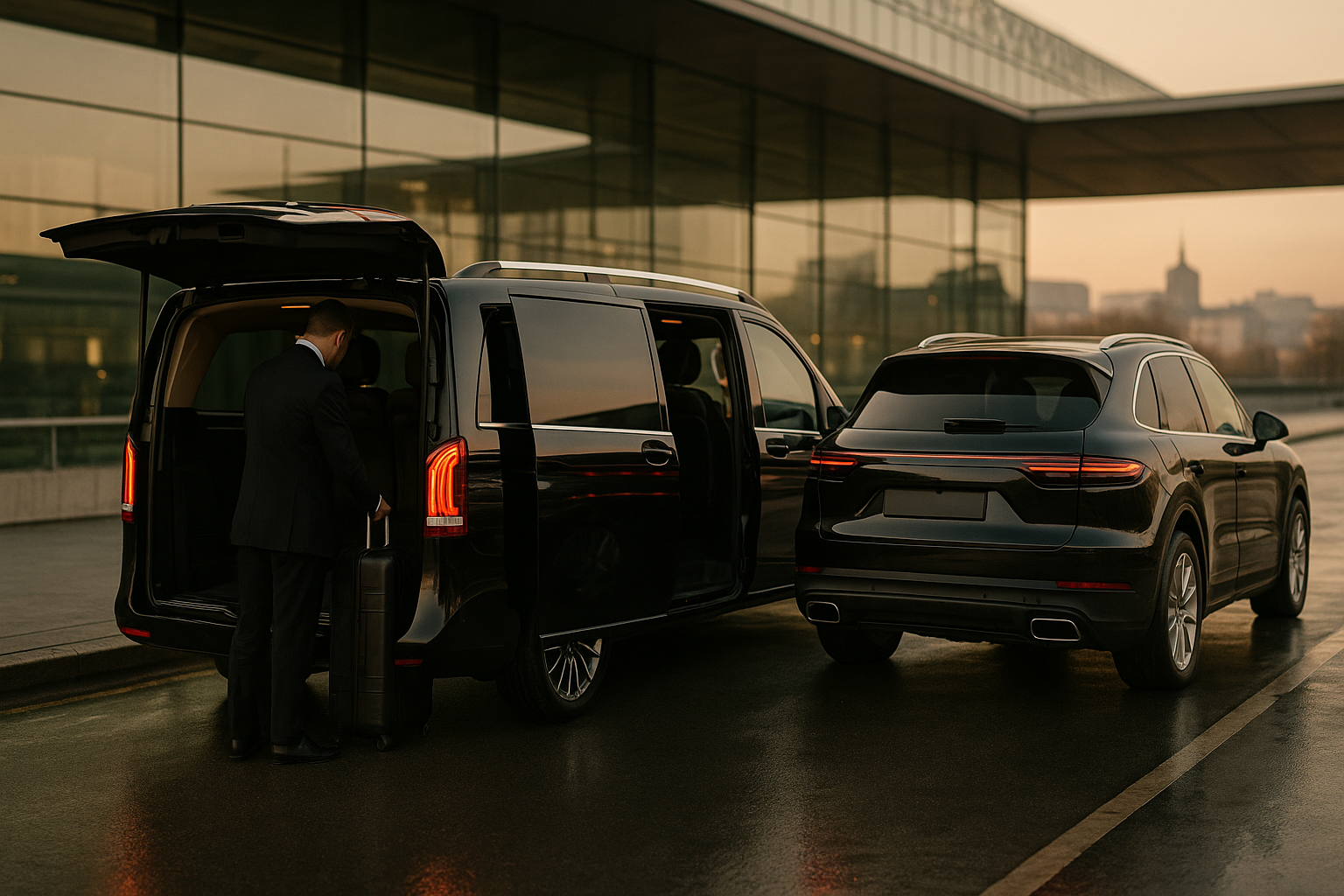 Ekskluzywny transfer lotniskowy dla firm z Krakowa Balice do centrum w luksusowym vanie i SUV