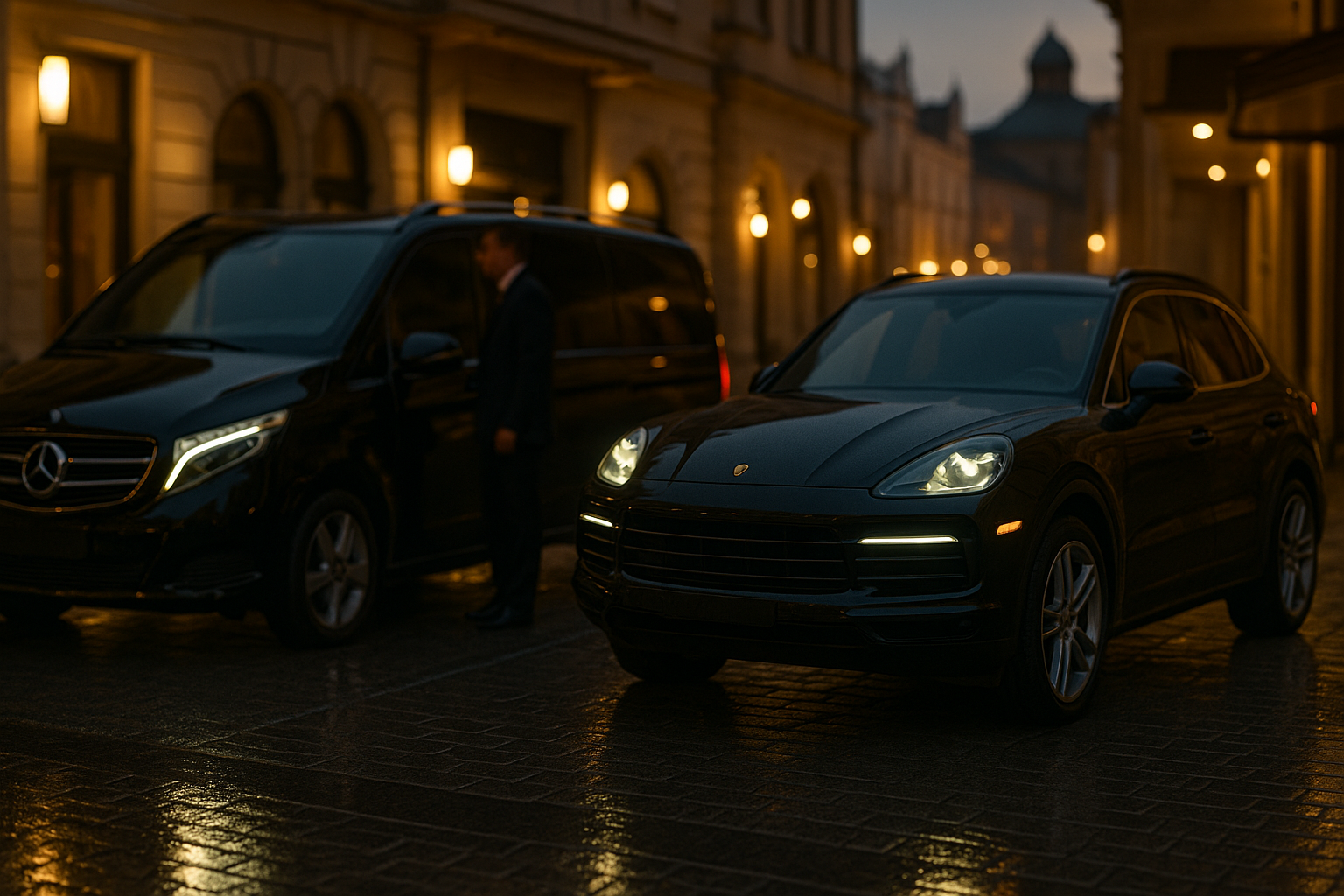 Czarne auto premium i van VIP w Krakowie przy hotelu, klimat transferu lotniskowego