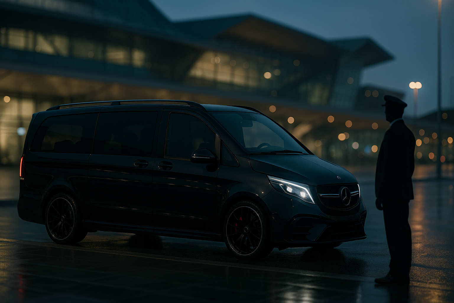 Czarny van VIP Mercedes V-Class Brabus z kierowcą na transfer lotniskowy w Krakowie