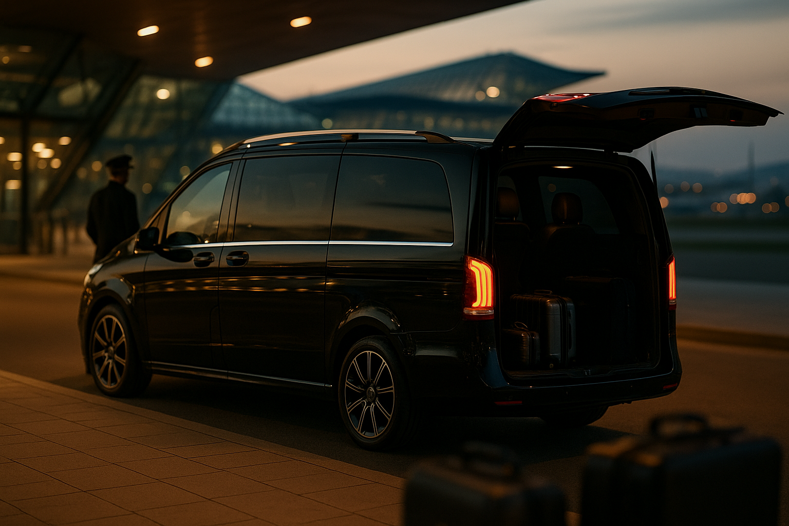 Czarny van klasy premium Mercedes V-Class na transfer lotniskowy z Kraków Airport Balice