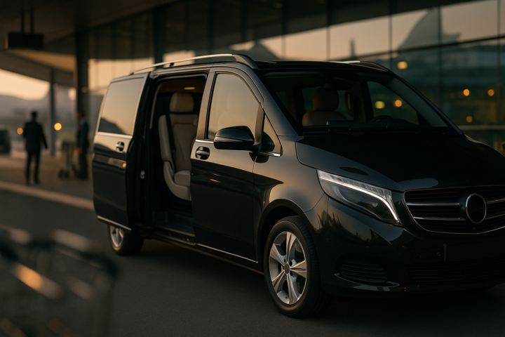 Czarny van VIP Mercedes V-Class na transferze z lotniska Kraków Balice do Krakowa