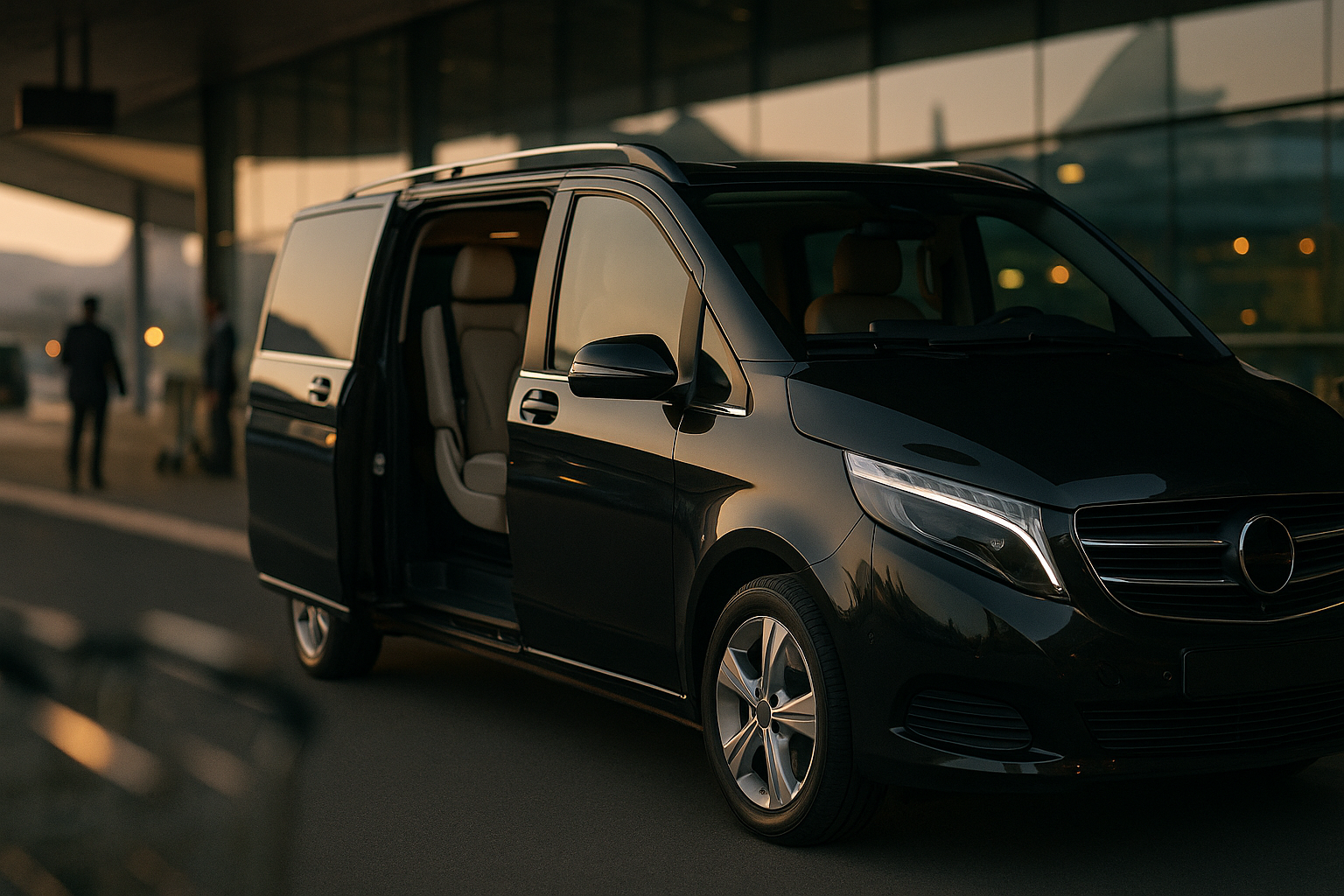 Czarny van VIP Mercedes V-Class na transferze z lotniska Kraków Balice do Krakowa