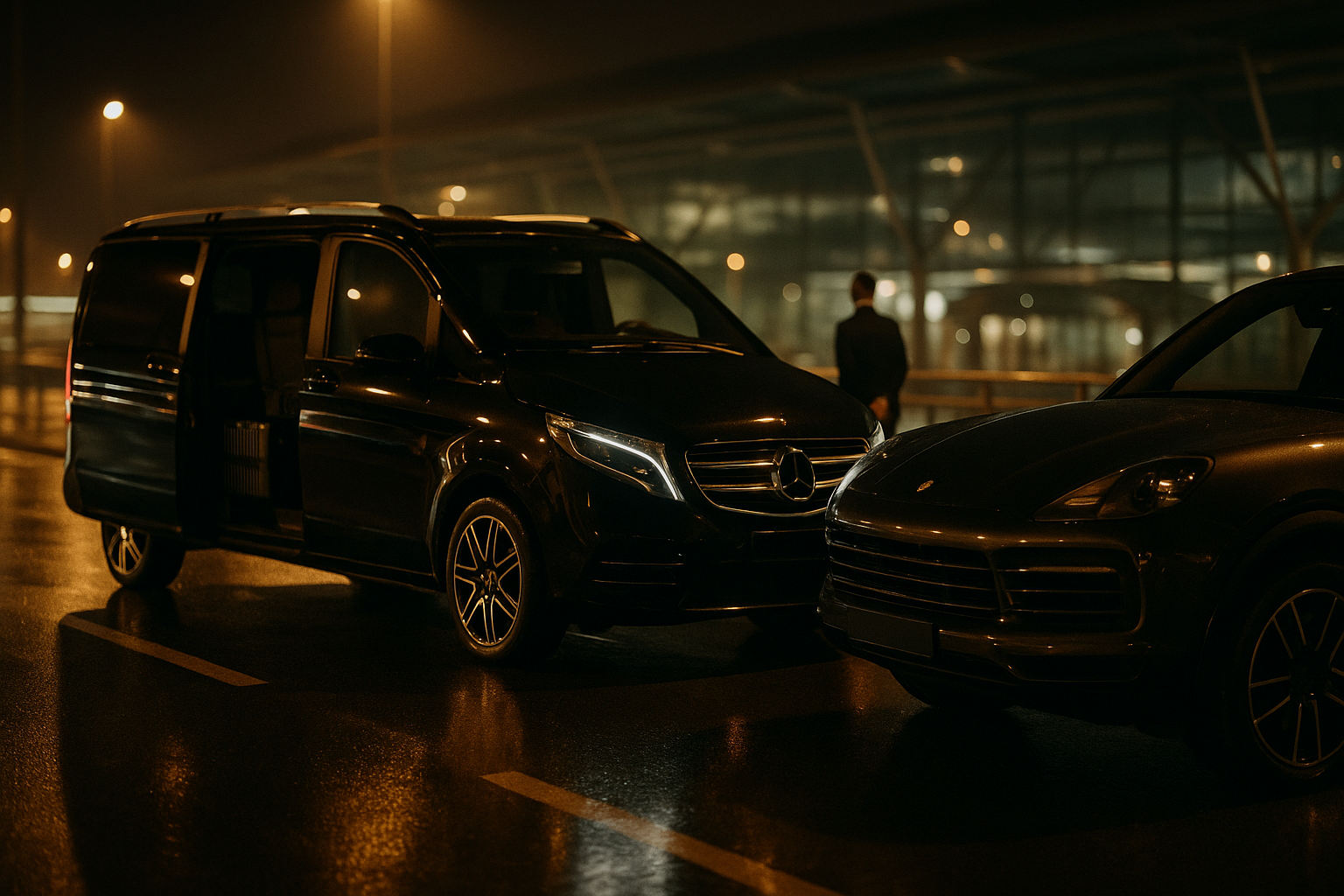 Nocny transfer VIP z lotniska Balice do Krakowa luksusowym vanem i SUV