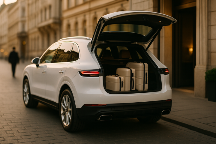 Biały luksusowy SUV Porsche Cayenne w Krakowie, gotowy na VIP transfer i weekend