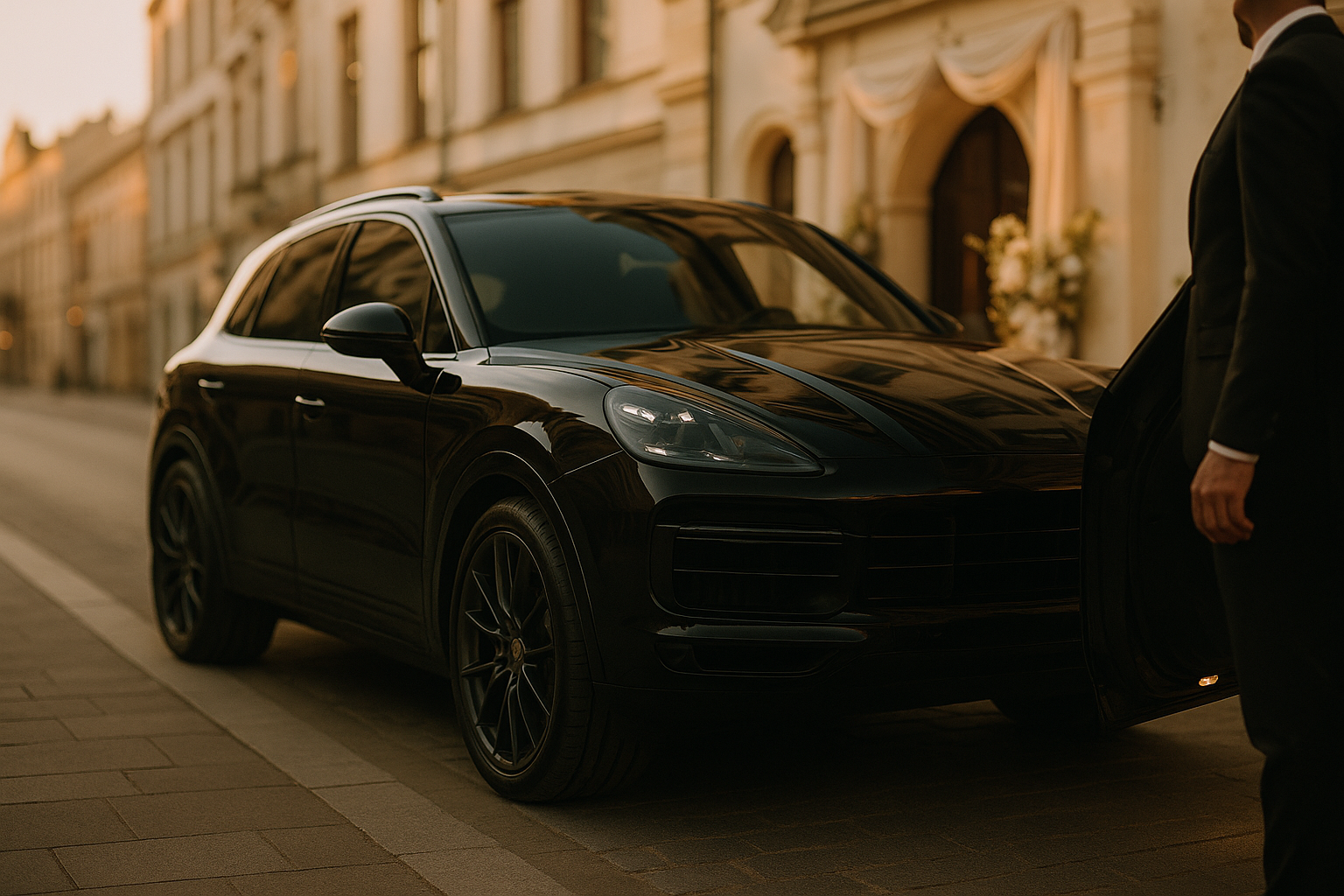 Luksusowy Porsche Cayenne z kierowcą przed krakowską salą weselną