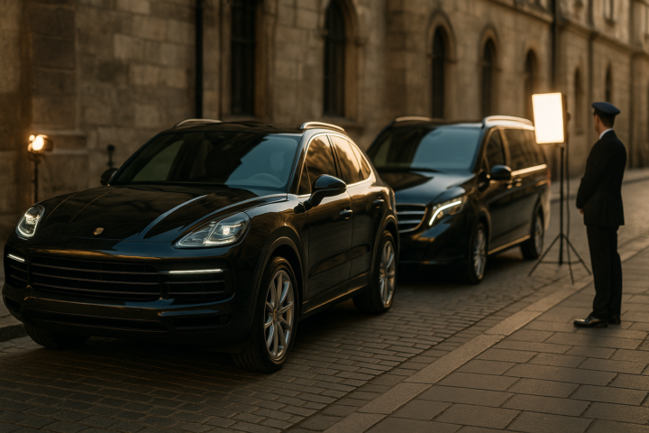 Premium Porsche i Mercedes V-Class na planie zdjęciowym w Krakowie z kierowcą
