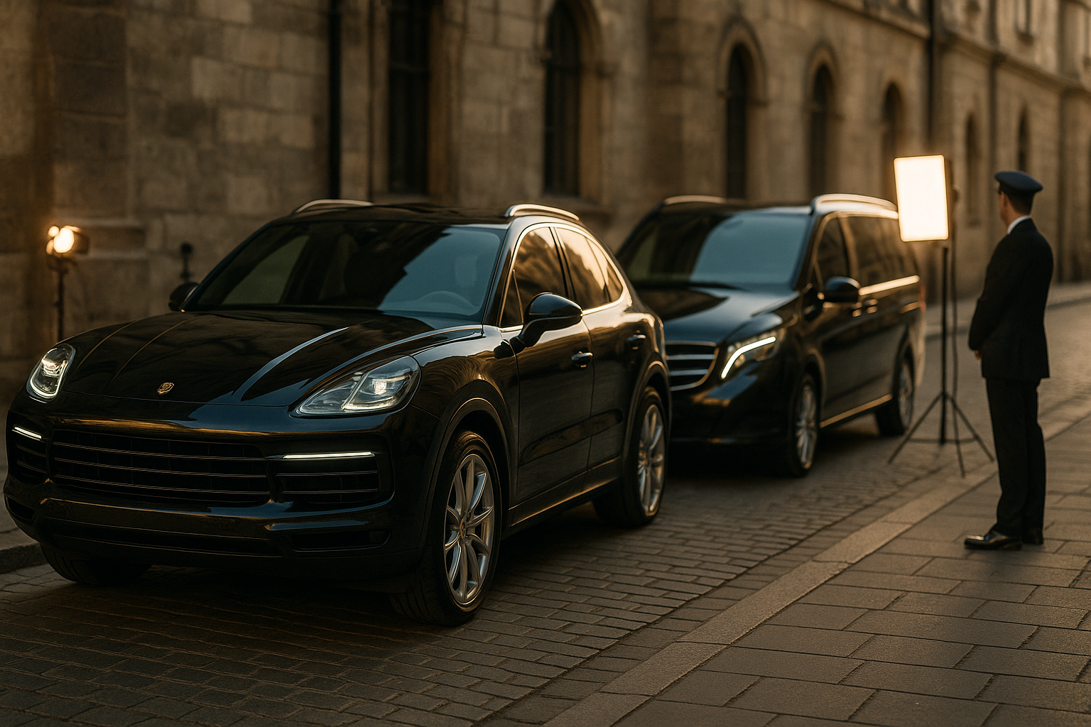 Premium Porsche i Mercedes V-Class na planie zdjęciowym w Krakowie z kierowcą