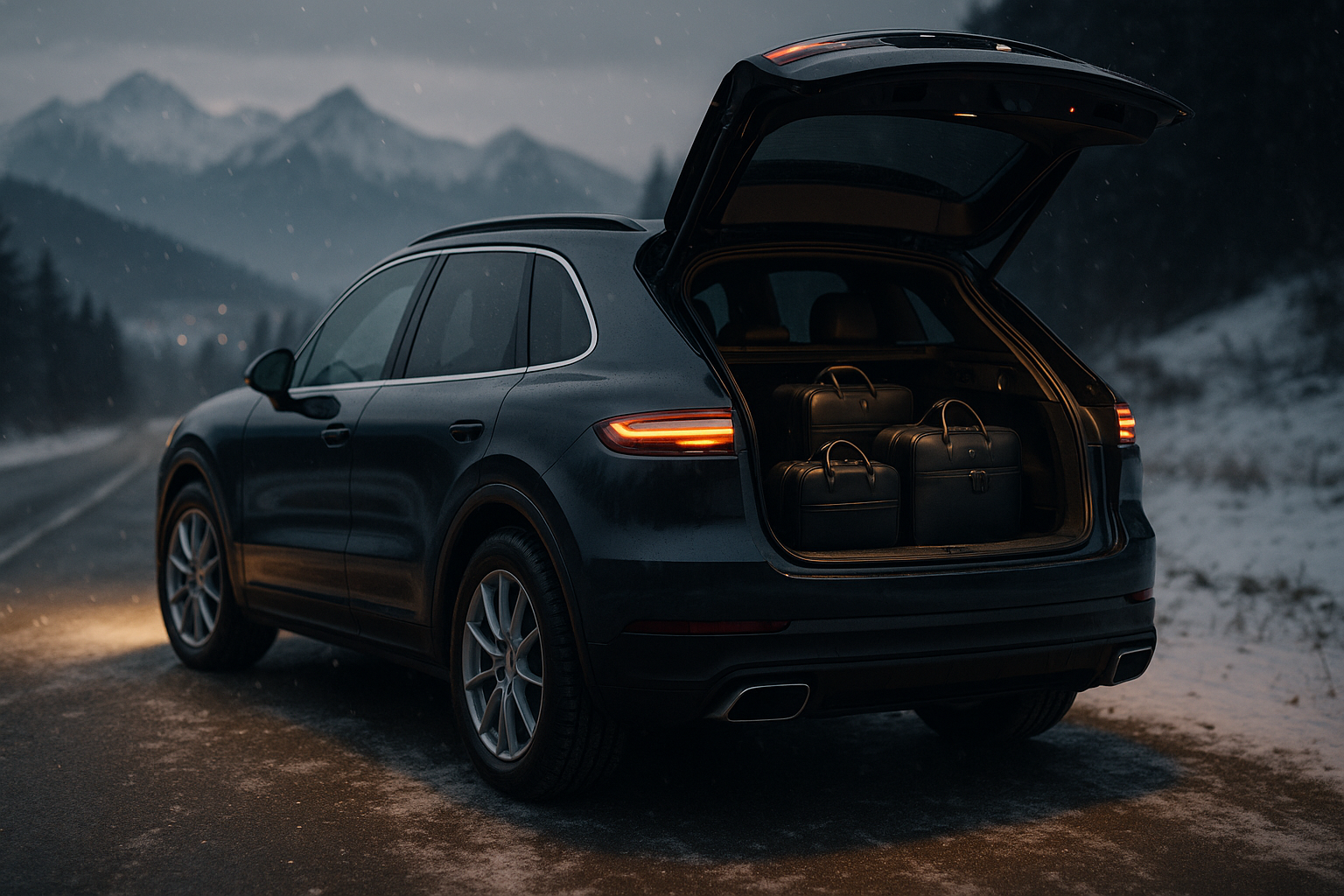 Premium SUV na zimowym przejeździe z Krakowa do Zakopanego, gotowy na transfer VIP