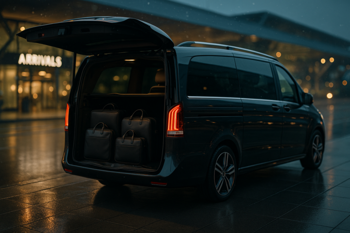 Premium van do odbioru VIP na lotnisku Kraków Balice, gotowy do transferu po przylocie
