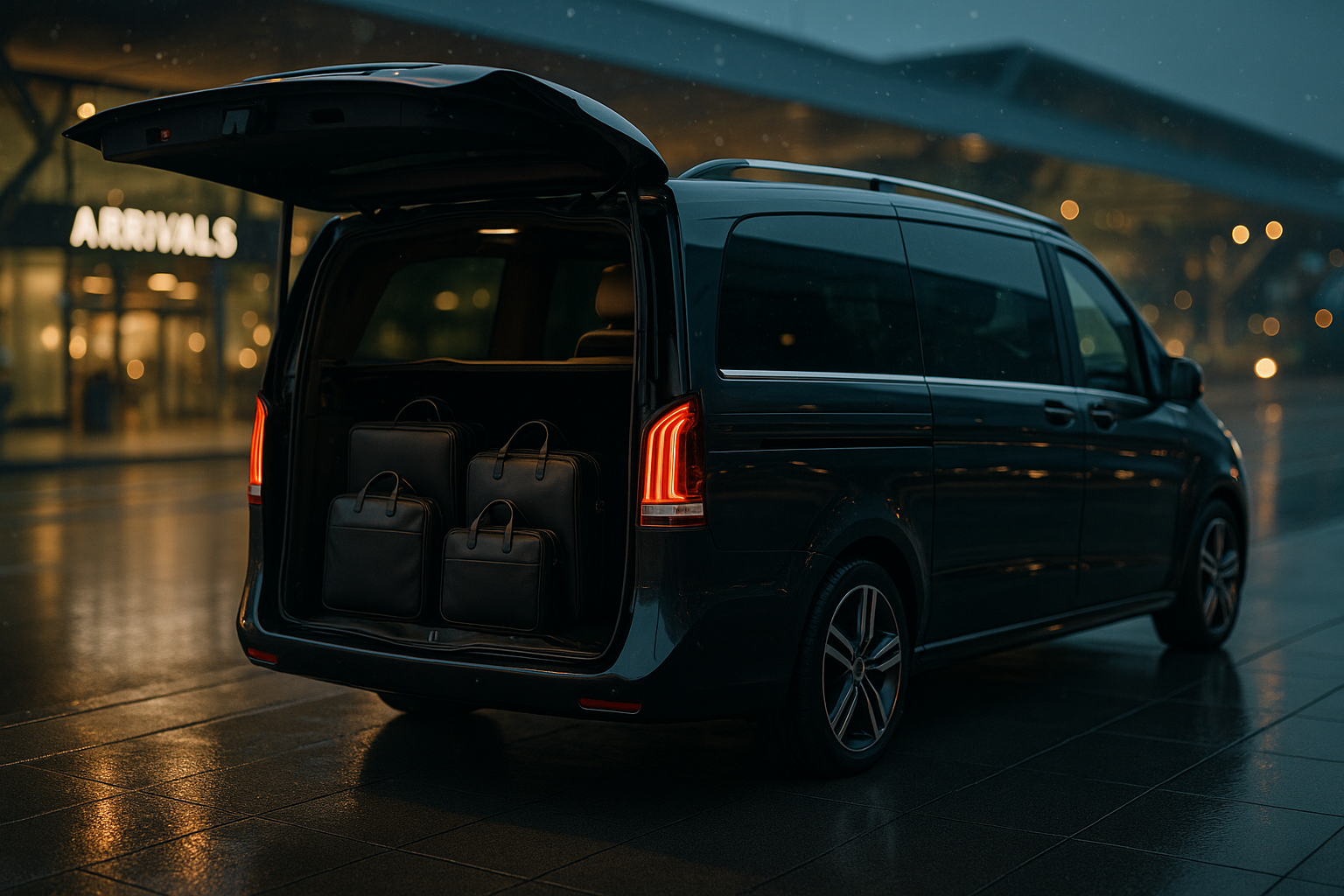 Premium van do odbioru VIP na lotnisku Kraków Balice, gotowy do transferu po przylocie