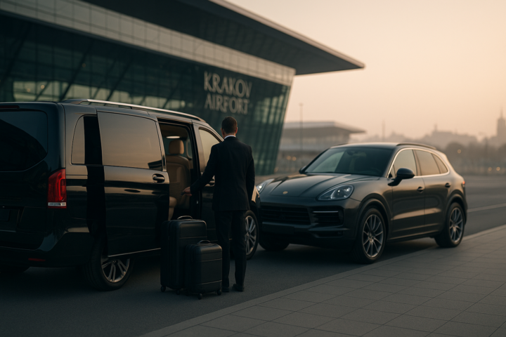 Czarne auto premium i luksusowy SUV na lotnisku Kraków Balice podczas transferu VIP