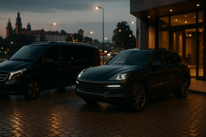 Czarne auto premium i van VIP w Krakowie o zmierzchu, idealne na transfery i biznes