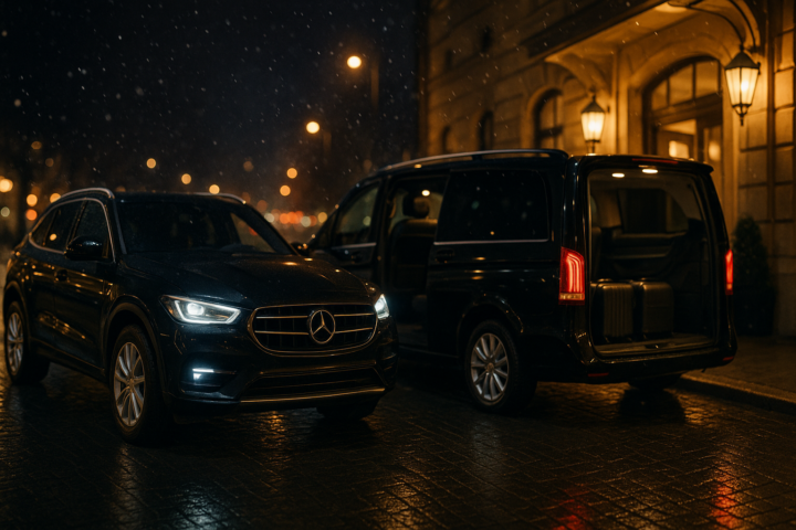 Czarne auto premium i van VIP w Krakowie nocą podczas sylwestrowego transferu