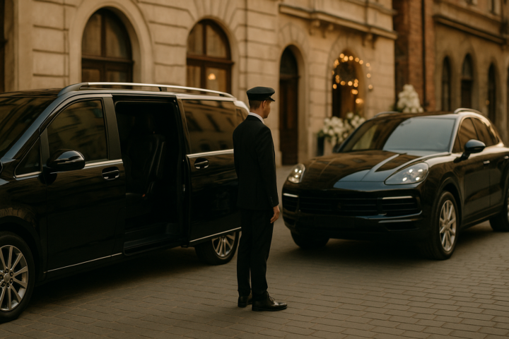 Czarny van VIP i SUV premium w Krakowie, dyskretny transport gości weselnych z kierowcą
