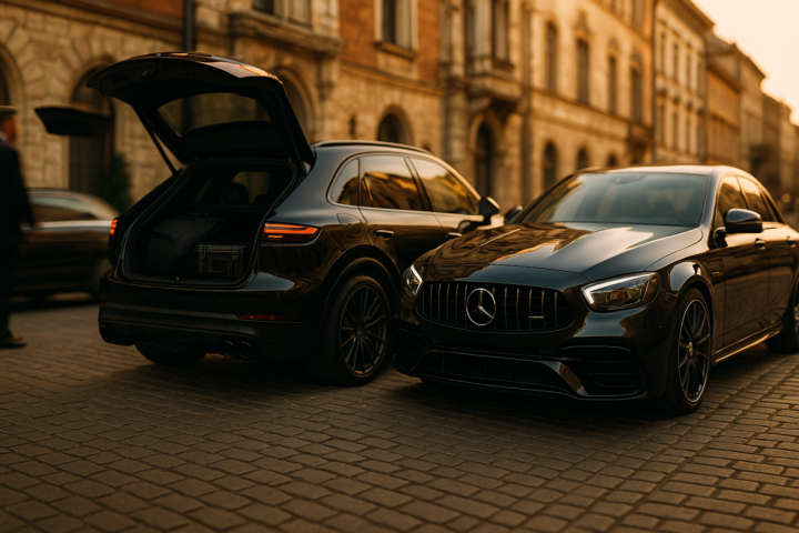 Sportowe auto do sesji w Krakowie: luksusowy SUV i samochód performance przy zabytkowej ulicy