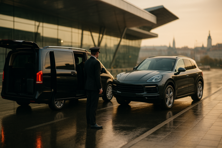 Premium transfer lotniskowy z Kraków Balice KRK: luksusowy van i SUV gotowe do odbioru VIP