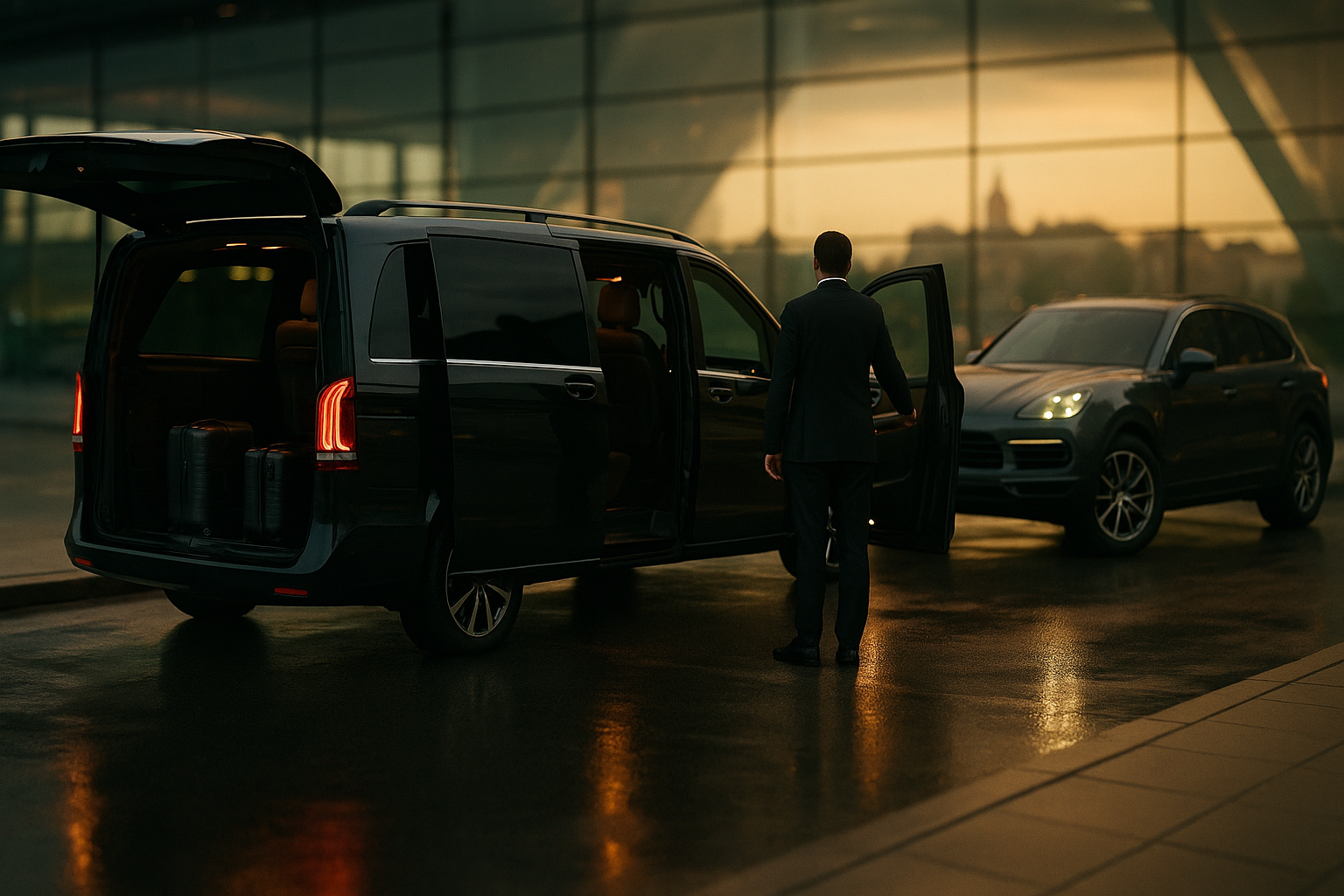 Premium transfer z lotniska Kraków-Balice do hotelu w Krakowie luksusowym vanem i SUV-em