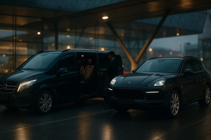 Premium VIP transfer z lotniska Balice do Krakowa: luksusowy van i SUV przy terminalu