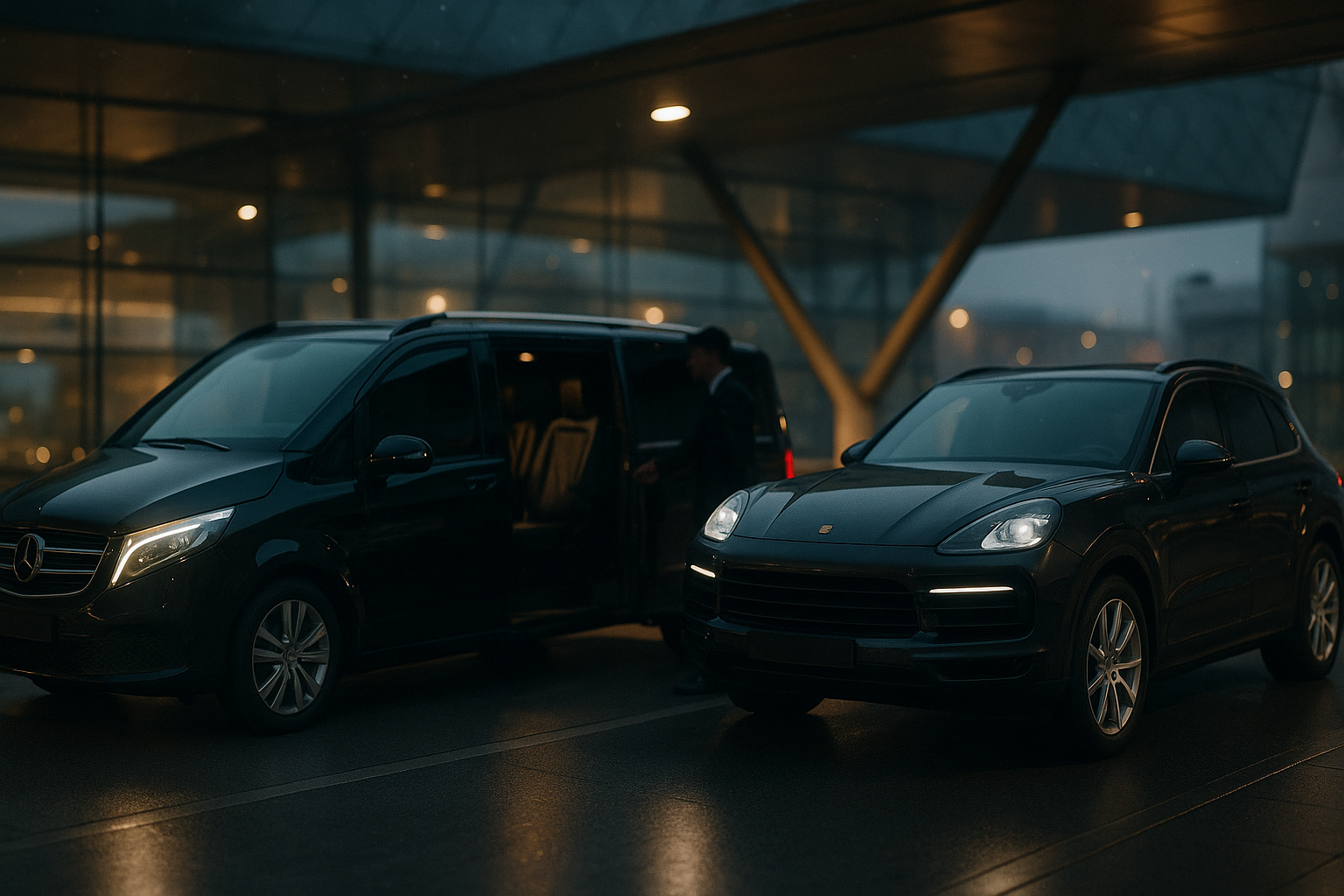 Premium VIP transfer z lotniska Balice do Krakowa: luksusowy van i SUV przy terminalu