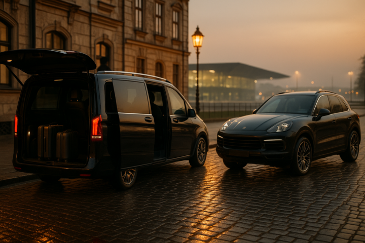 Czarny minivan premium i luksusowy SUV na tle krakowskiej ulicy podczas transferu VIP z Balic