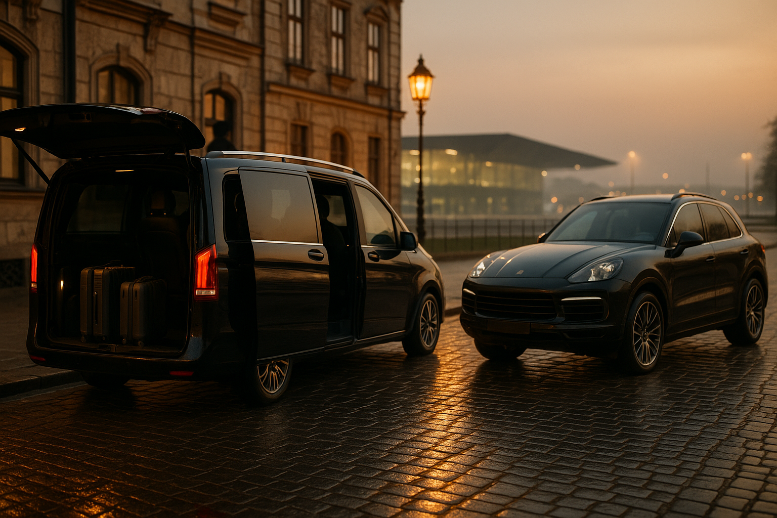 Czarny minivan premium i luksusowy SUV na tle krakowskiej ulicy podczas transferu VIP z Balic