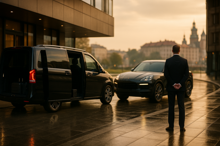 Ekskluzywny transport VIP w Krakowie: luksusowy van i SUV przy hotelu, transfer gości z Balic na event