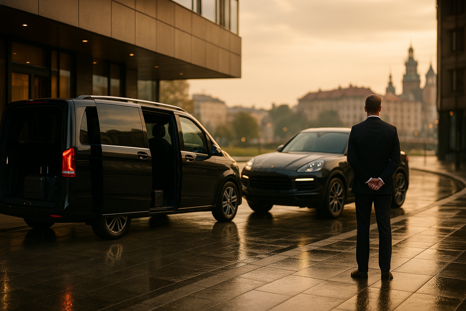 Ekskluzywny transport VIP w Krakowie: luksusowy van i SUV przy hotelu, transfer gości z Balic na event