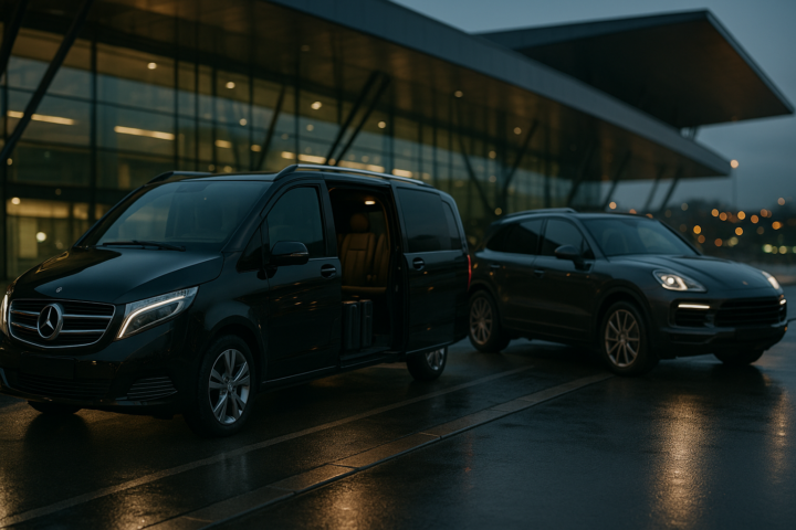 Czarne auto VIP i van klasy premium przy transferze na lotnisko Balice w Krakowie