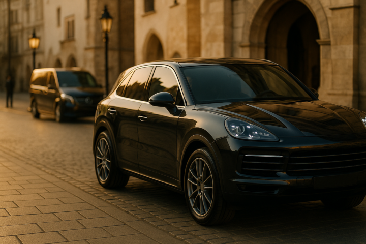 Czarny luksusowy SUV Porsche Cayenne na transfer VIP w Krakowie, z klimatem dojazdu z Balic